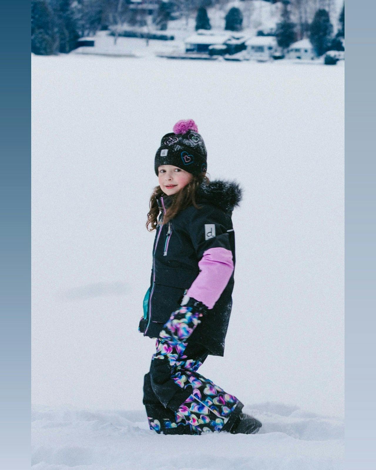 Two Piece Play Snowsuit Black, Blue And Pink Colorblock With Heart Print Pants