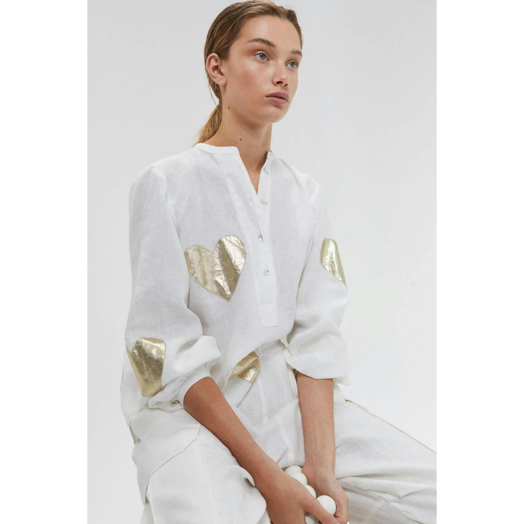 Cupid Linen Shirt - Off-White w/ Gold Hearts