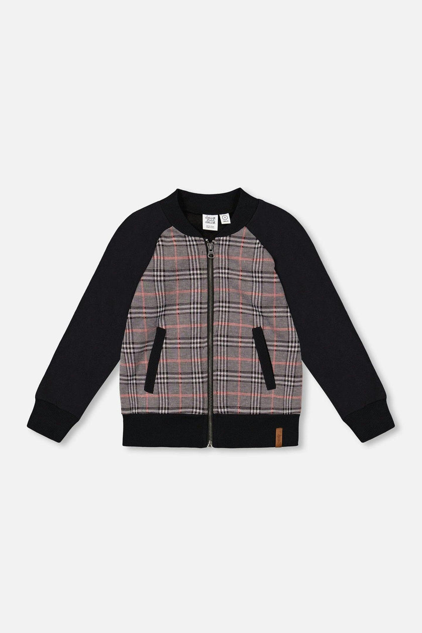 Bi-Material Zip Front Jacket Gray And Black Plaid