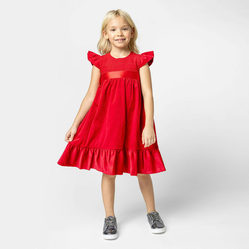Poppy Smocked Velvet Girls Party Dress