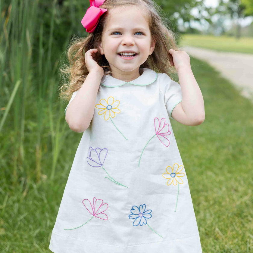 Linen Look Dress With Embroidered Flowers