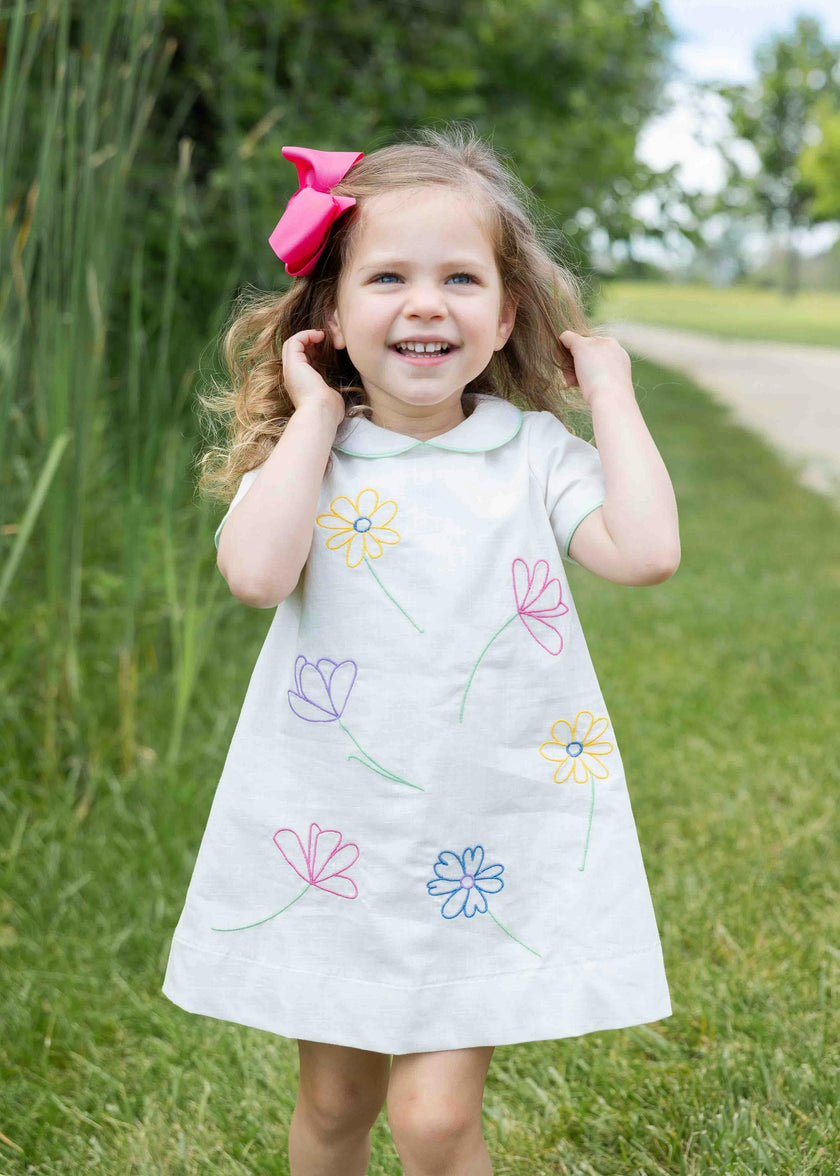Linen Look Dress With Embroidered Flowers