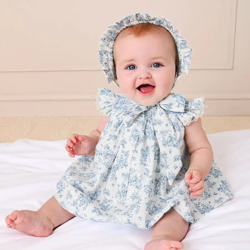 Audrey Toile Capped Sleeve Hand Smocked Dress with Bloomers in Blue (3-12mths)