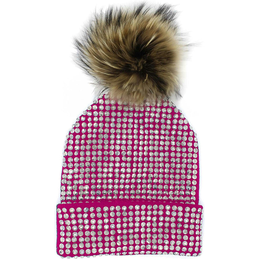 Studded Crystal Faux Fur Pom Pom Beanie