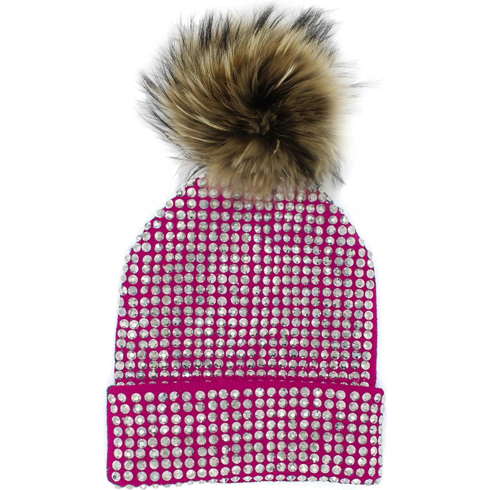 Studded Crystal Faux Fur Pom Pom Beanie