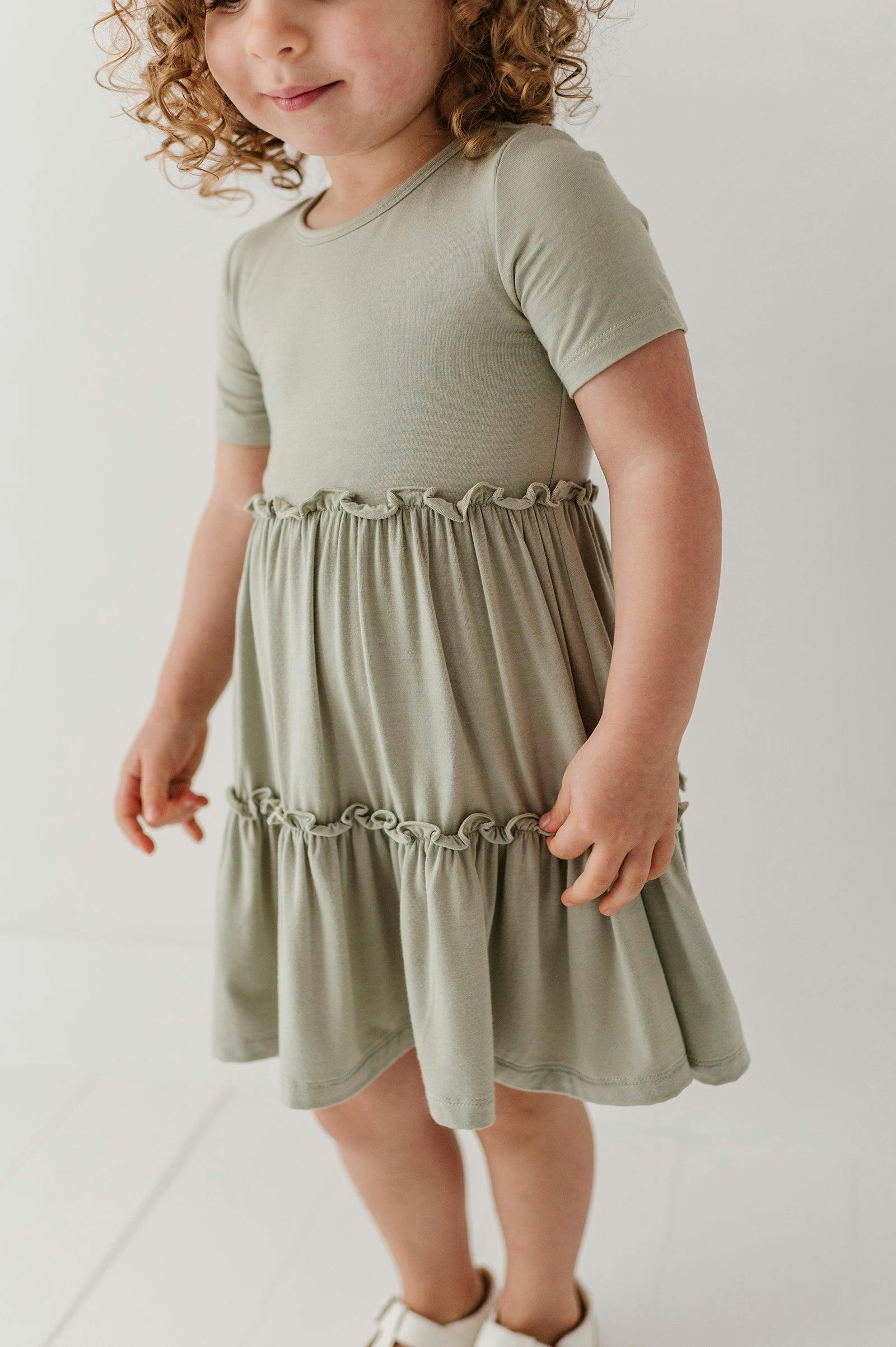 Girls Short Sleeve Double Tiered Dress in Sage