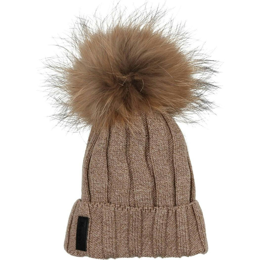 Ribbed Merino Wool Faux Fur Pom Pom Hat