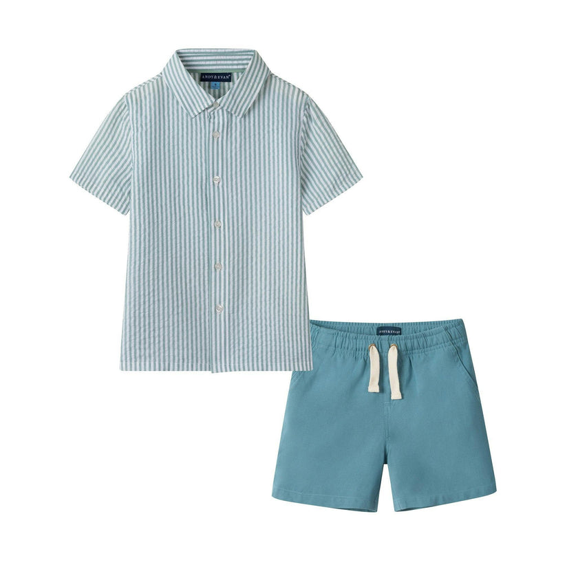 Buttondown And Linen Shorts Set | Teal Stripe