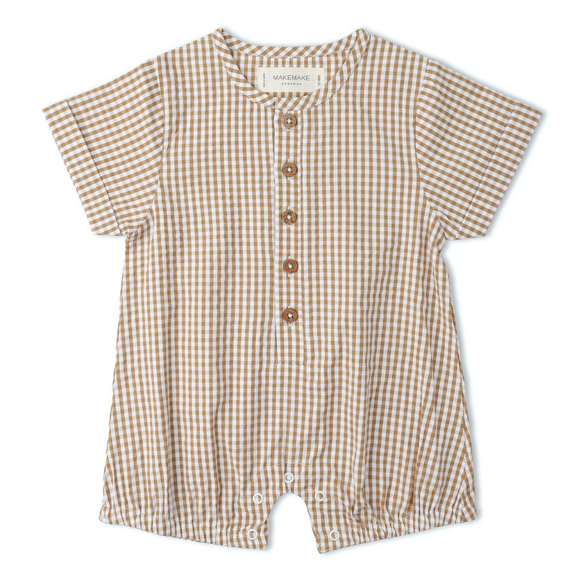 Organic Short Bubble Romper - Caramel Check