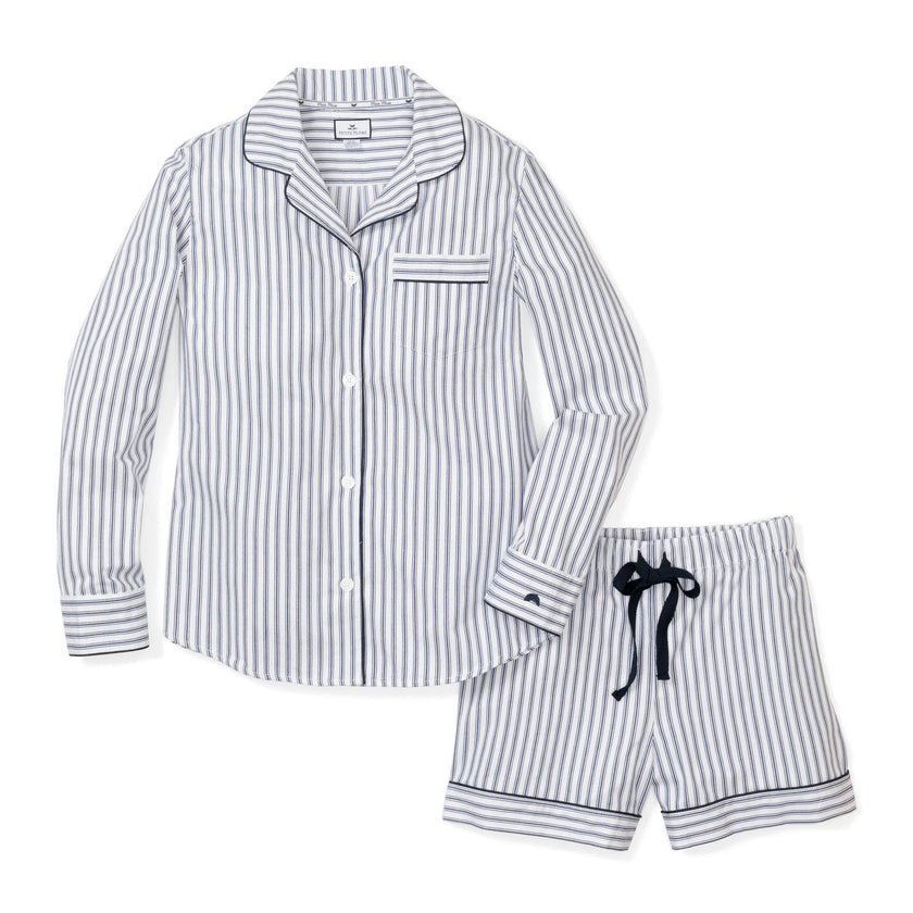 Women's Twill Pajama Long Sleeve Short Set in Navy French Ticking