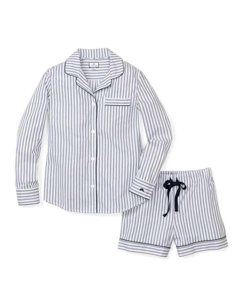 Women's Twill Pajama Long Sleeve Short Set in Navy French Ticking