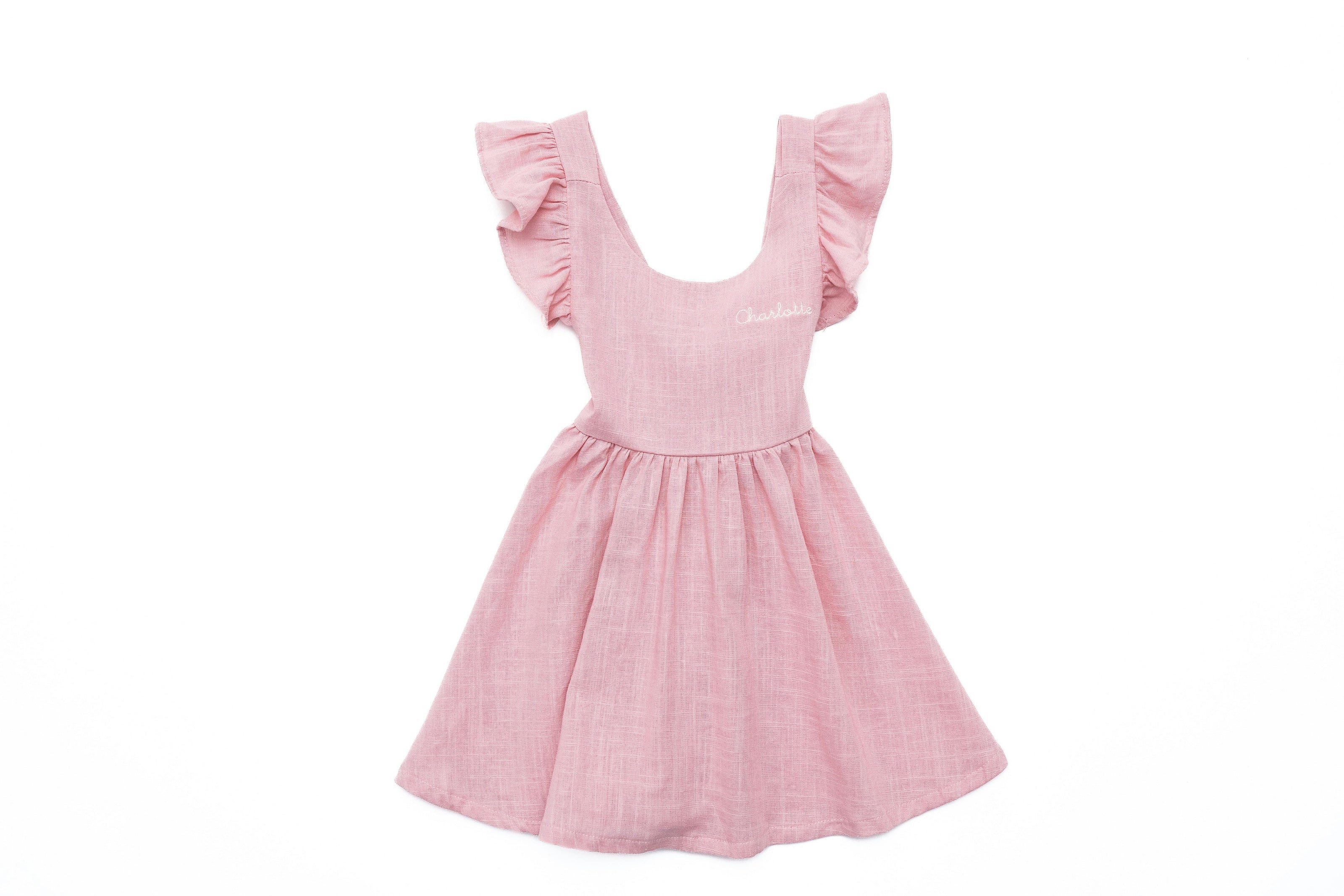 Custom Embroidered Girls Sleeveless Linen Dress, Pink