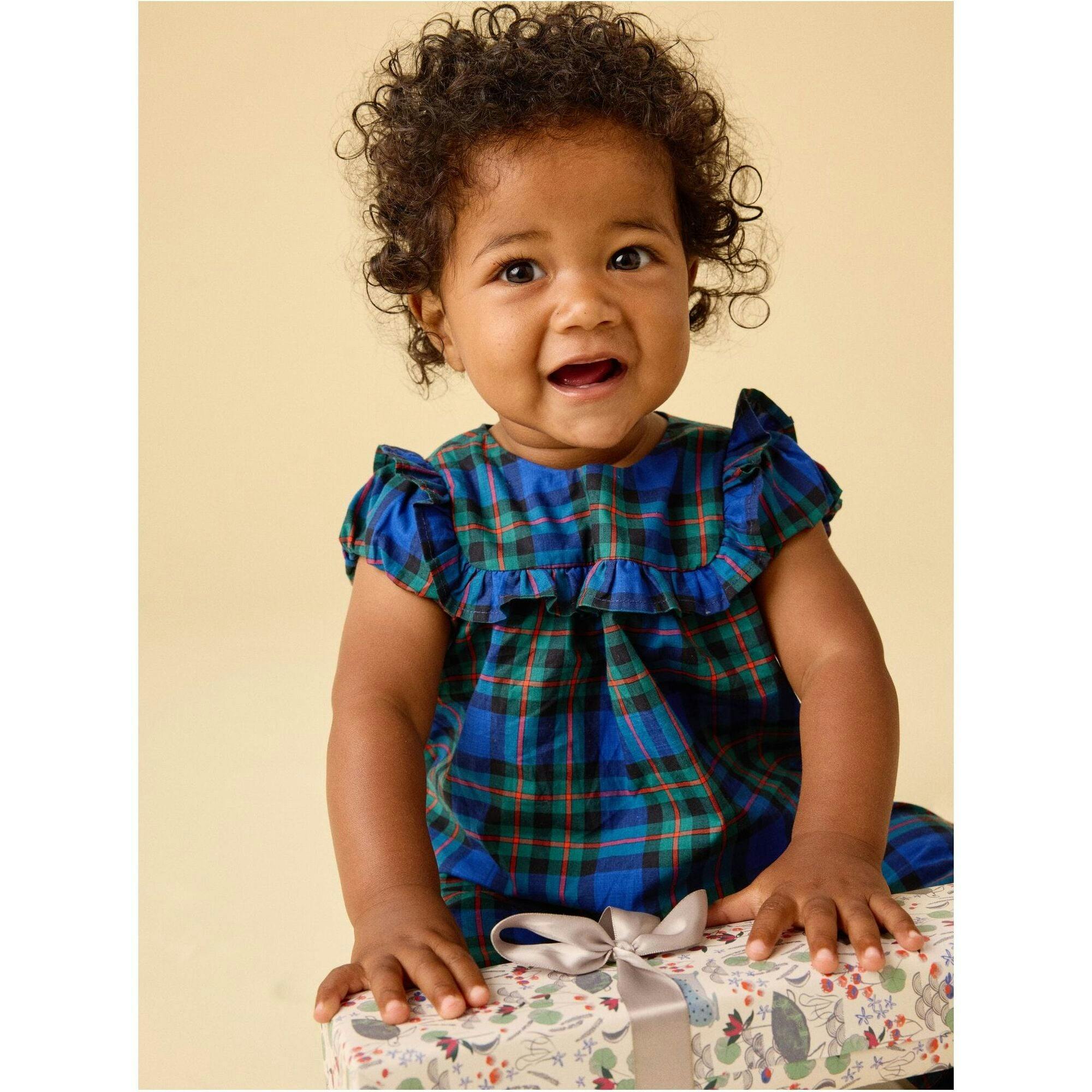 Plaid Ruffle Baby Romper, Blue