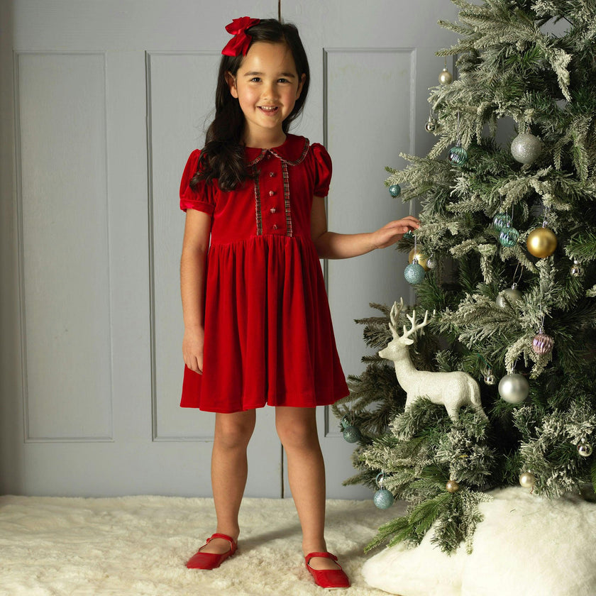 Red Velvet Tartan Trim Dress
