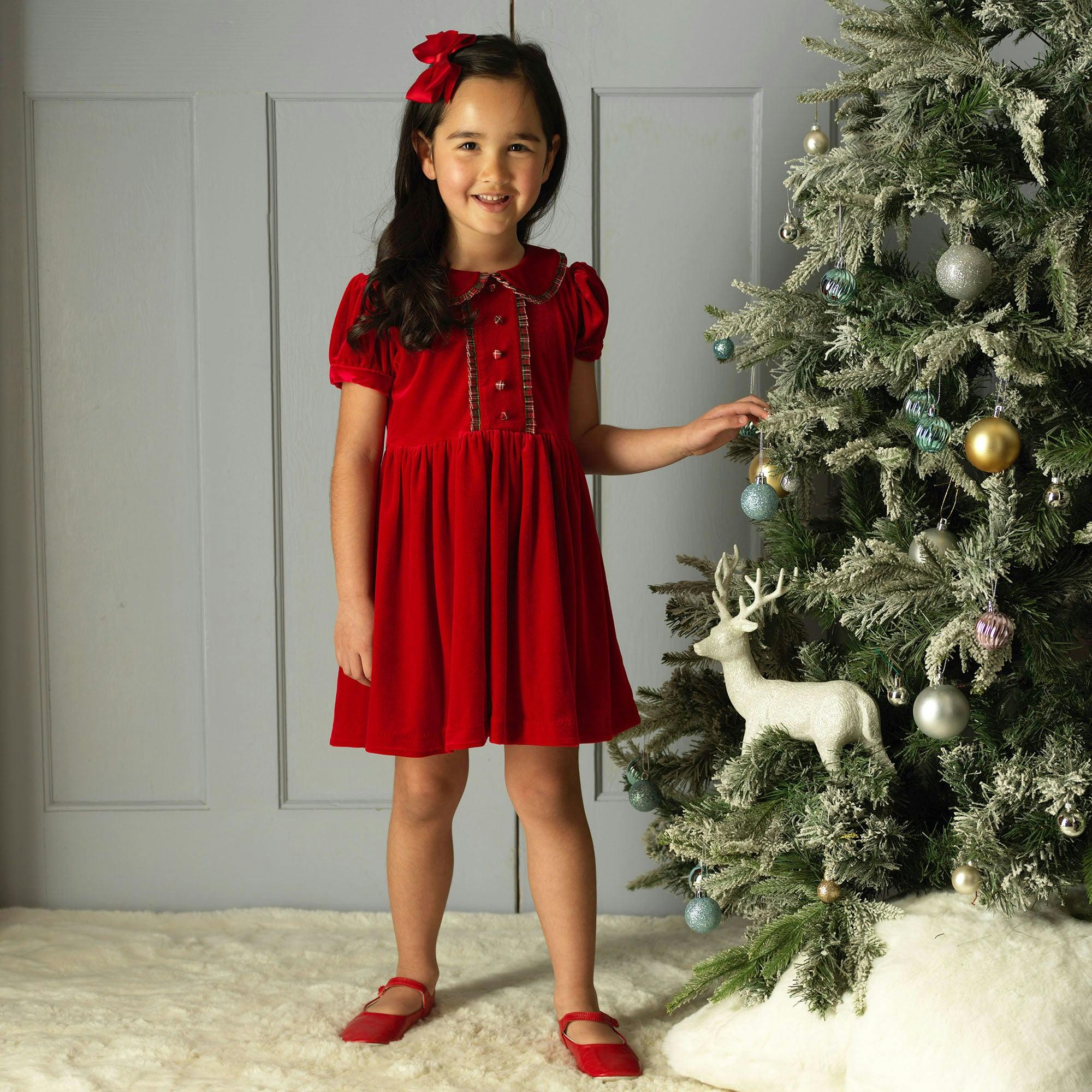 Red Velvet Tartan Trim Dress