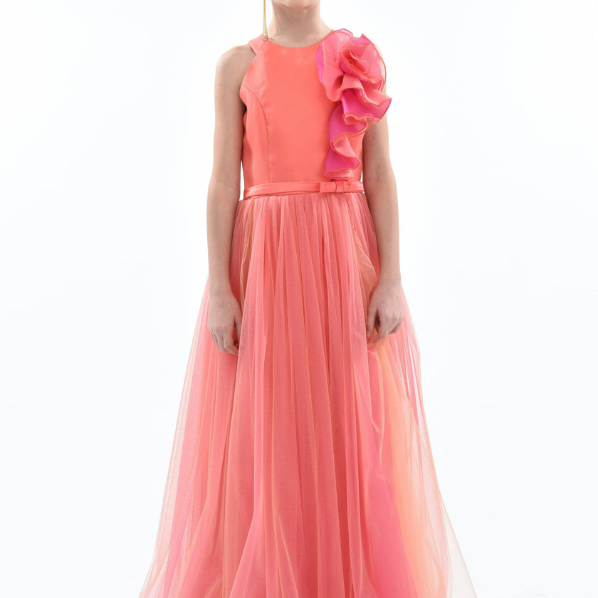 Orange Malaga Halter Ruffle Gown