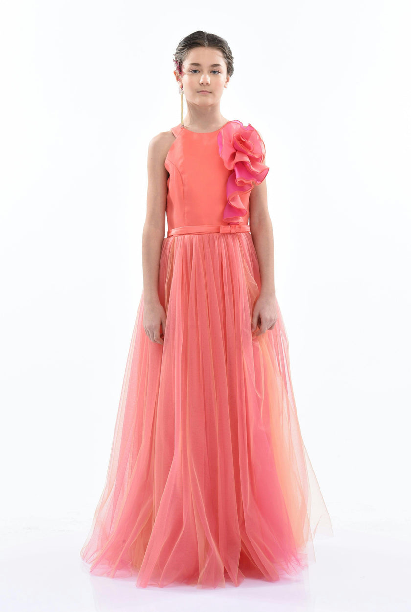 Orange Malaga Halter Ruffle Gown