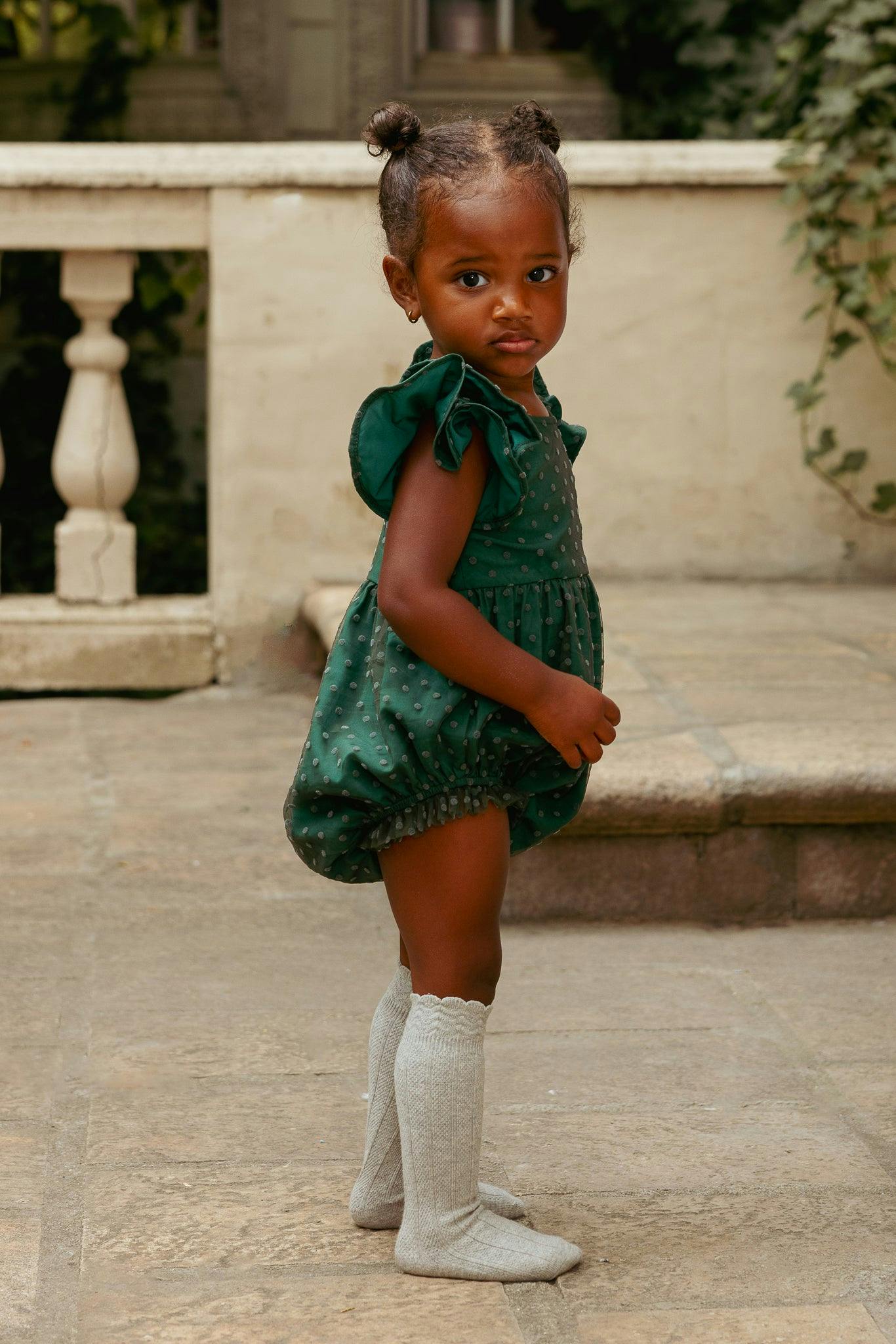 Baby Hattie Romper in Green Flocked Dot Tulle