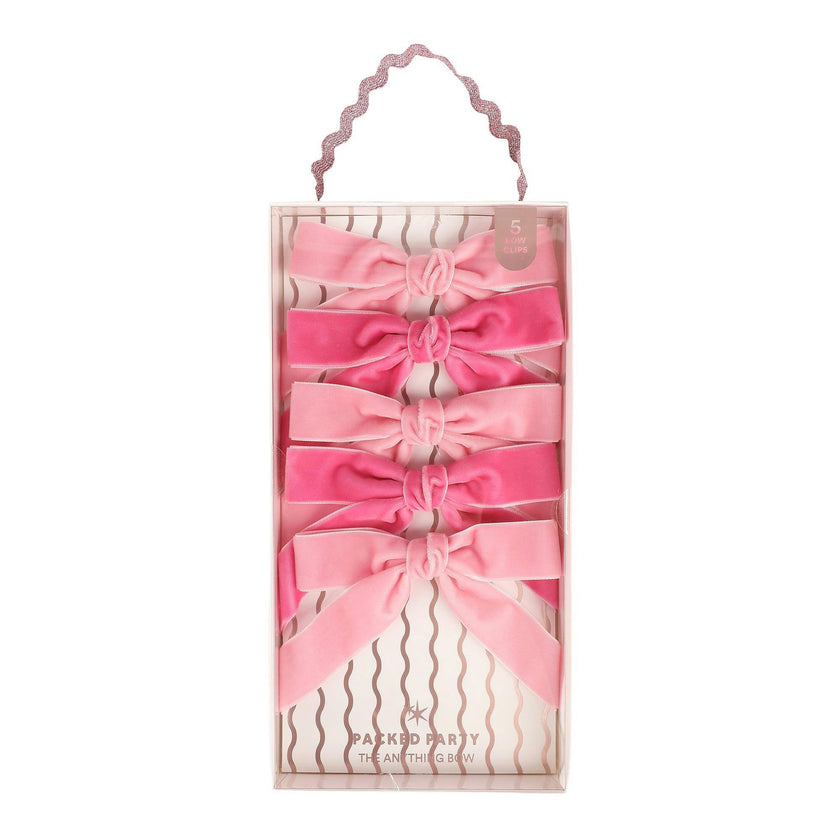 Packed Party Pink Velvet Clip-On Bow Set of 5 - Two Shades of Pink Velveteen Ribbon Bows with Metal Clip for Napkins Place Settings and Party Favors