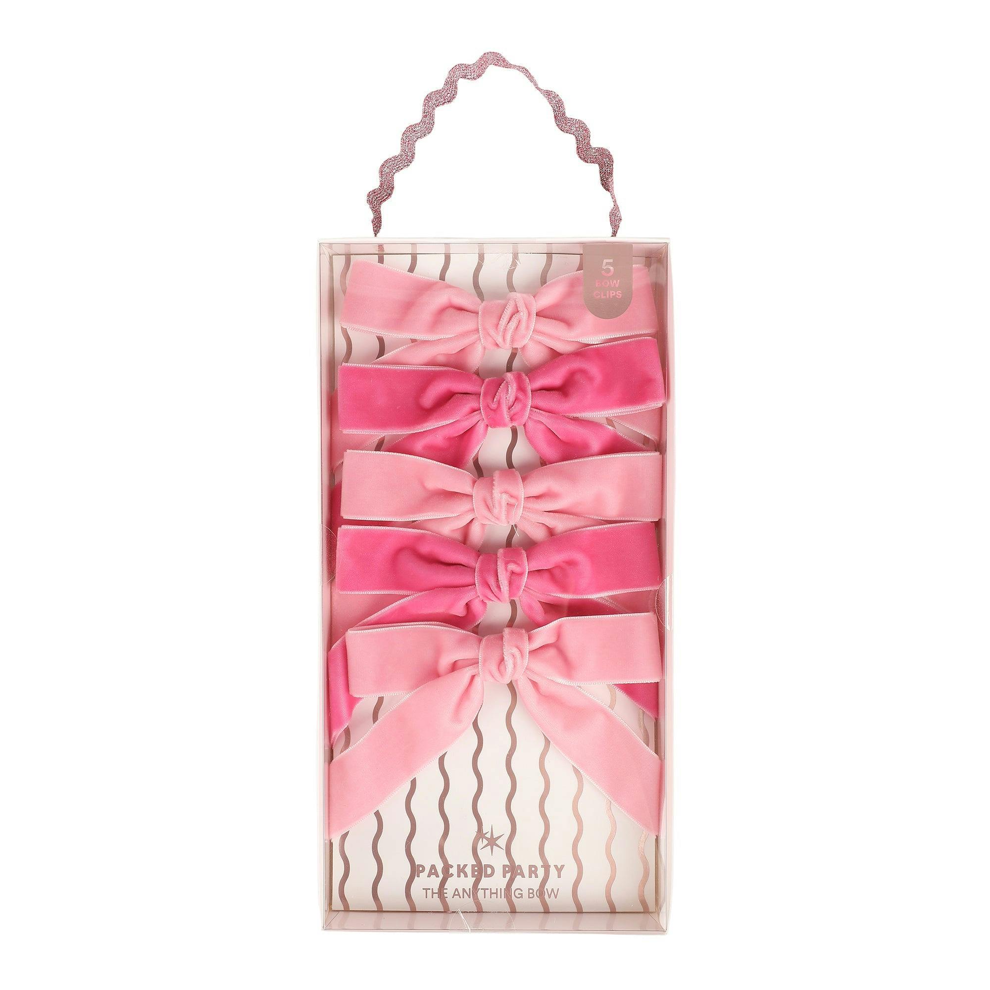 Packed Party Pink Velvet Clip-On Bow Set of 5 - Two Shades of Pink Velveteen Ribbon Bows with Metal Clip for Napkins Place Settings and Party Favors