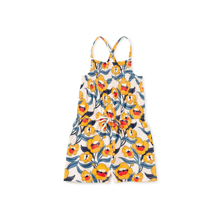 Smocked Strappy Romper, Nouveau Poppy