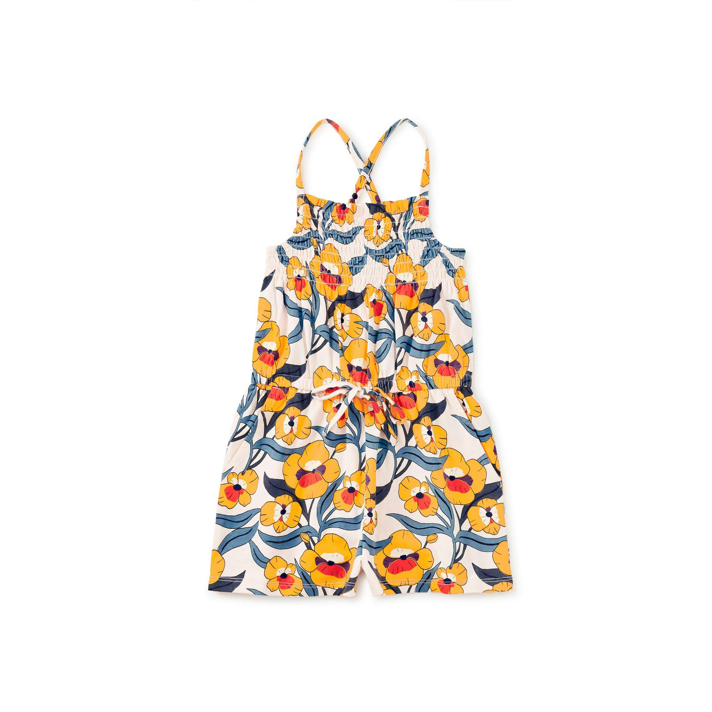 Smocked Strappy Romper, Nouveau Poppy