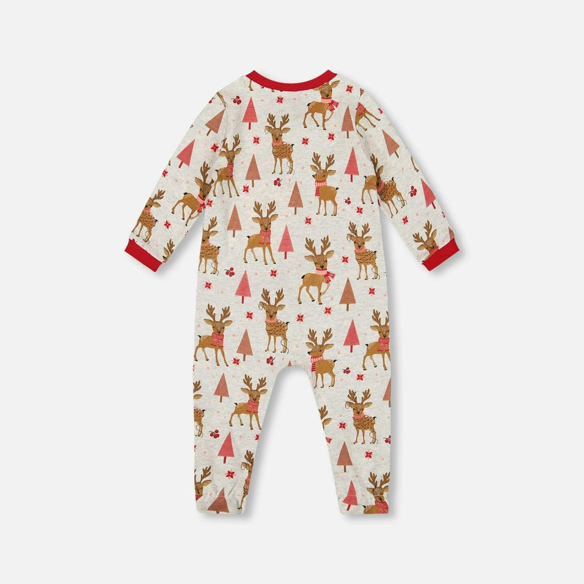 One-Piece Organic Cotton Pajama Beige Girly Reindeer Print
