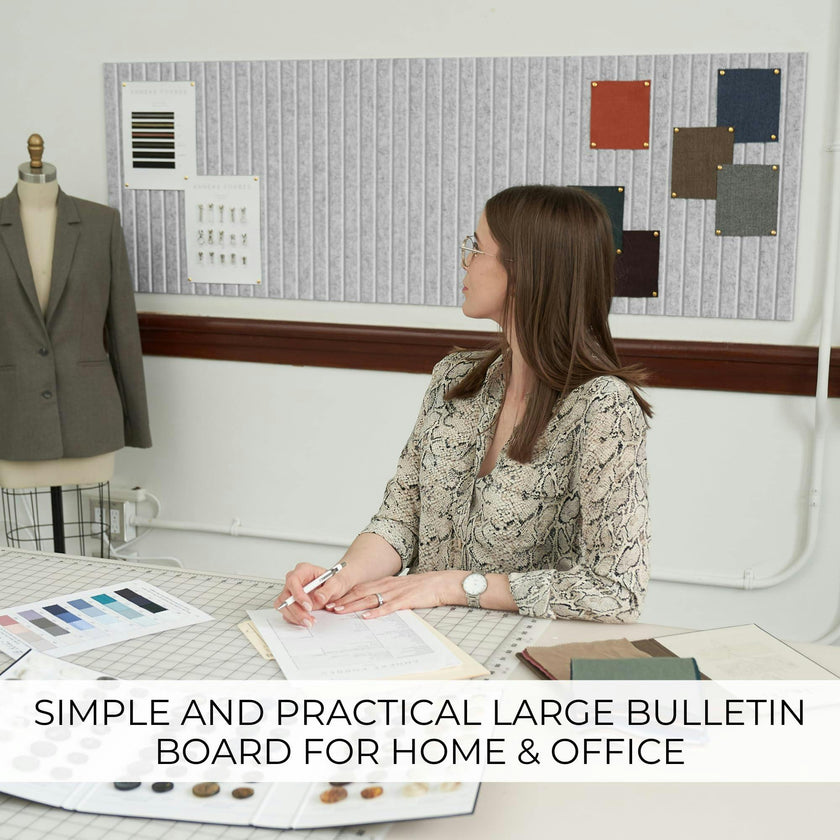 Large Felt Bulletin Board - Stylish 35" x 47" Cork Board Alternative for Office & Wall Decor - 12 Adhesive Tiles w/Golden Pins to Display Your Photos