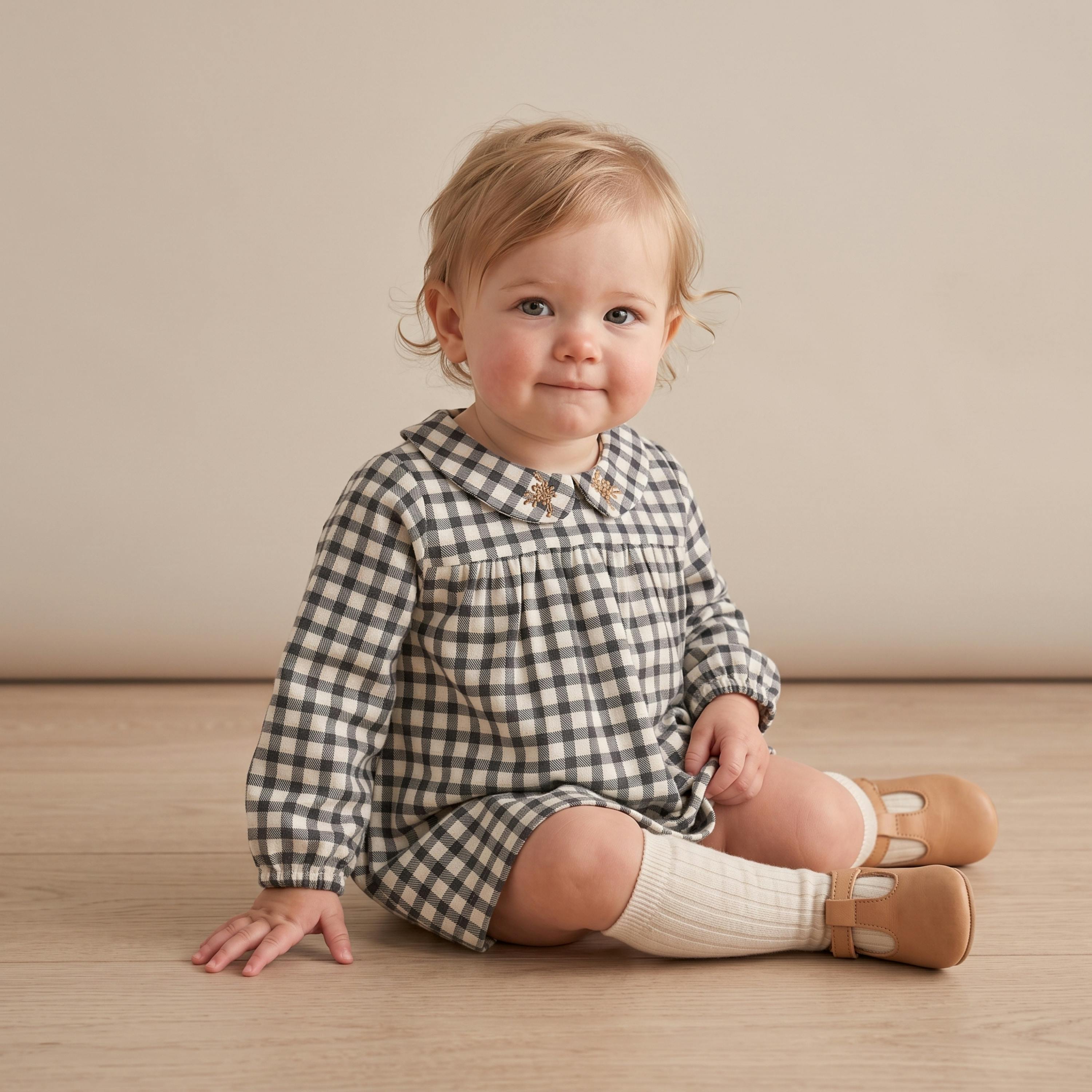 Organic Peter Pan Collar Dress - Charcoal Plaid