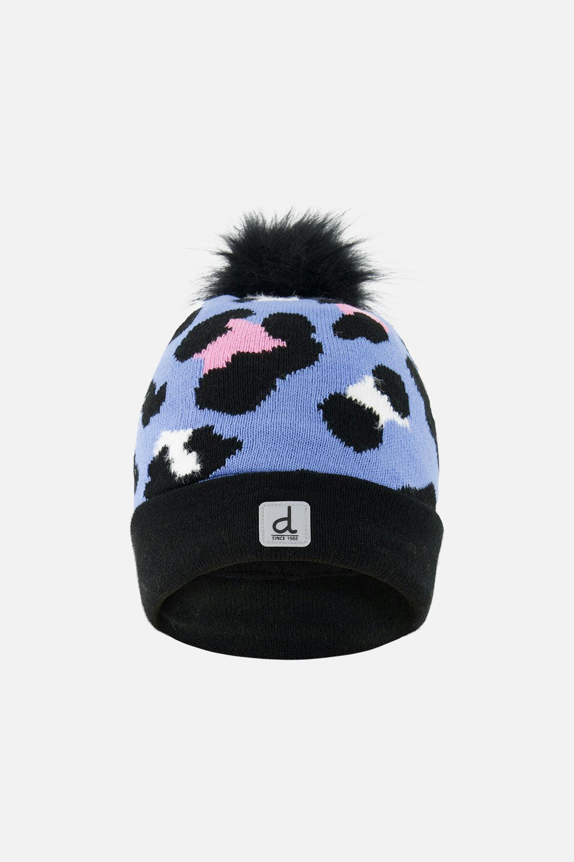 Winter Knit Hat With Pompom Blue Leopard Print