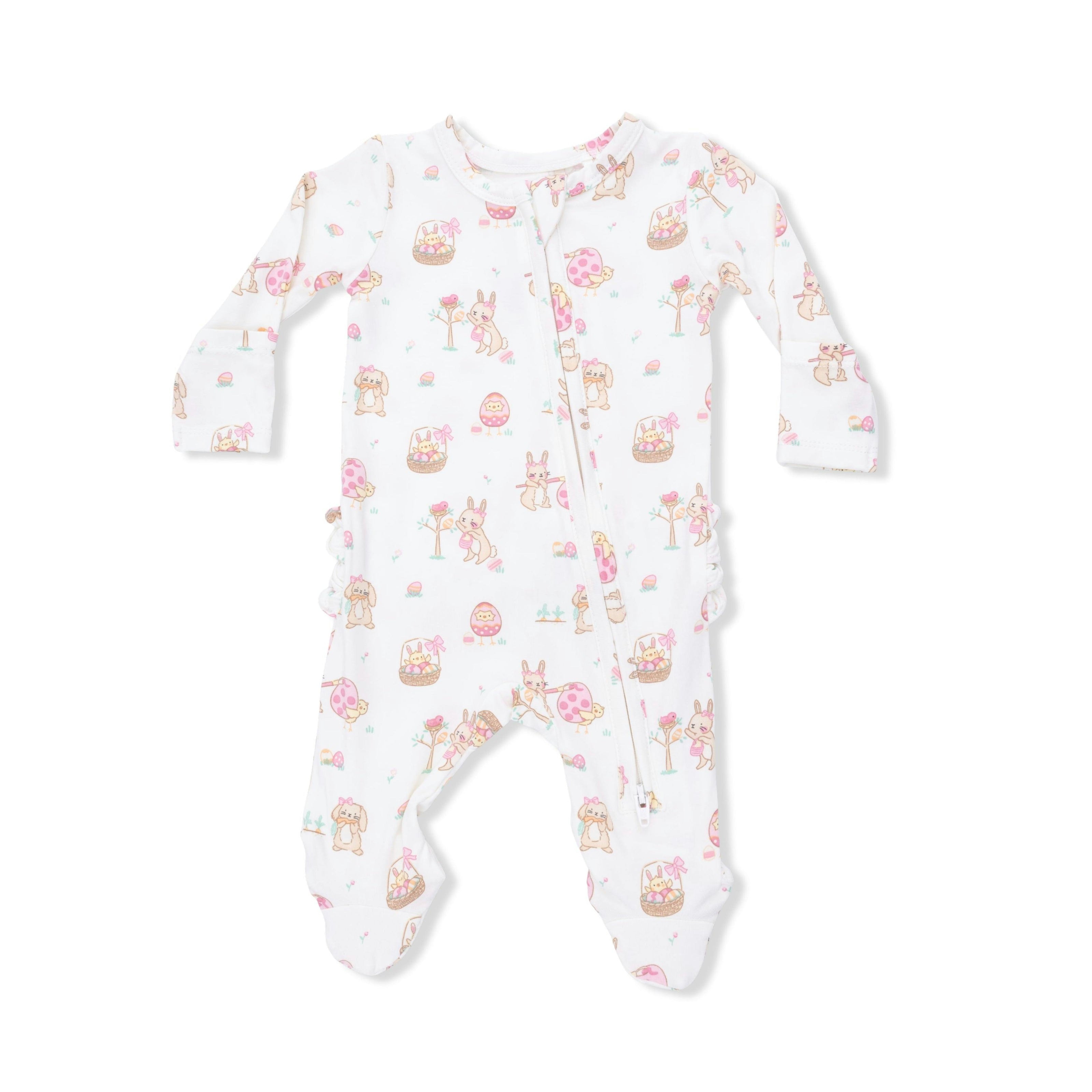 Easter Egg Hunt Pink - 2 Way Ruffle Back Zipper Footie