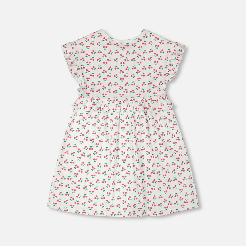 Cotton Rib Dress White Printed Cherries