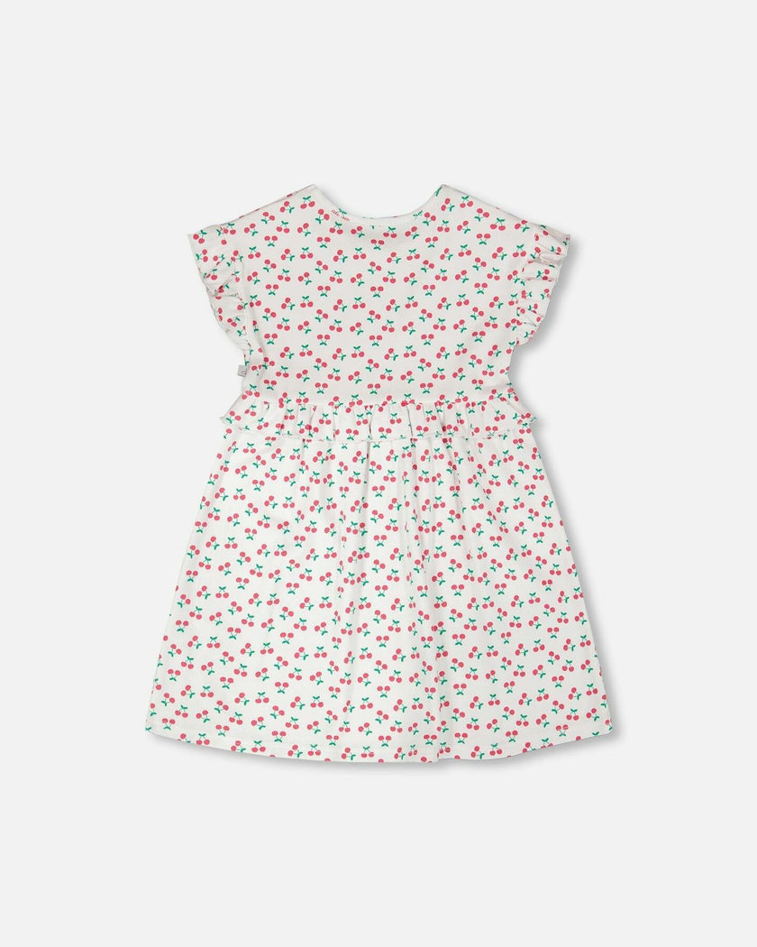 Cotton Rib Dress White Printed Cherries