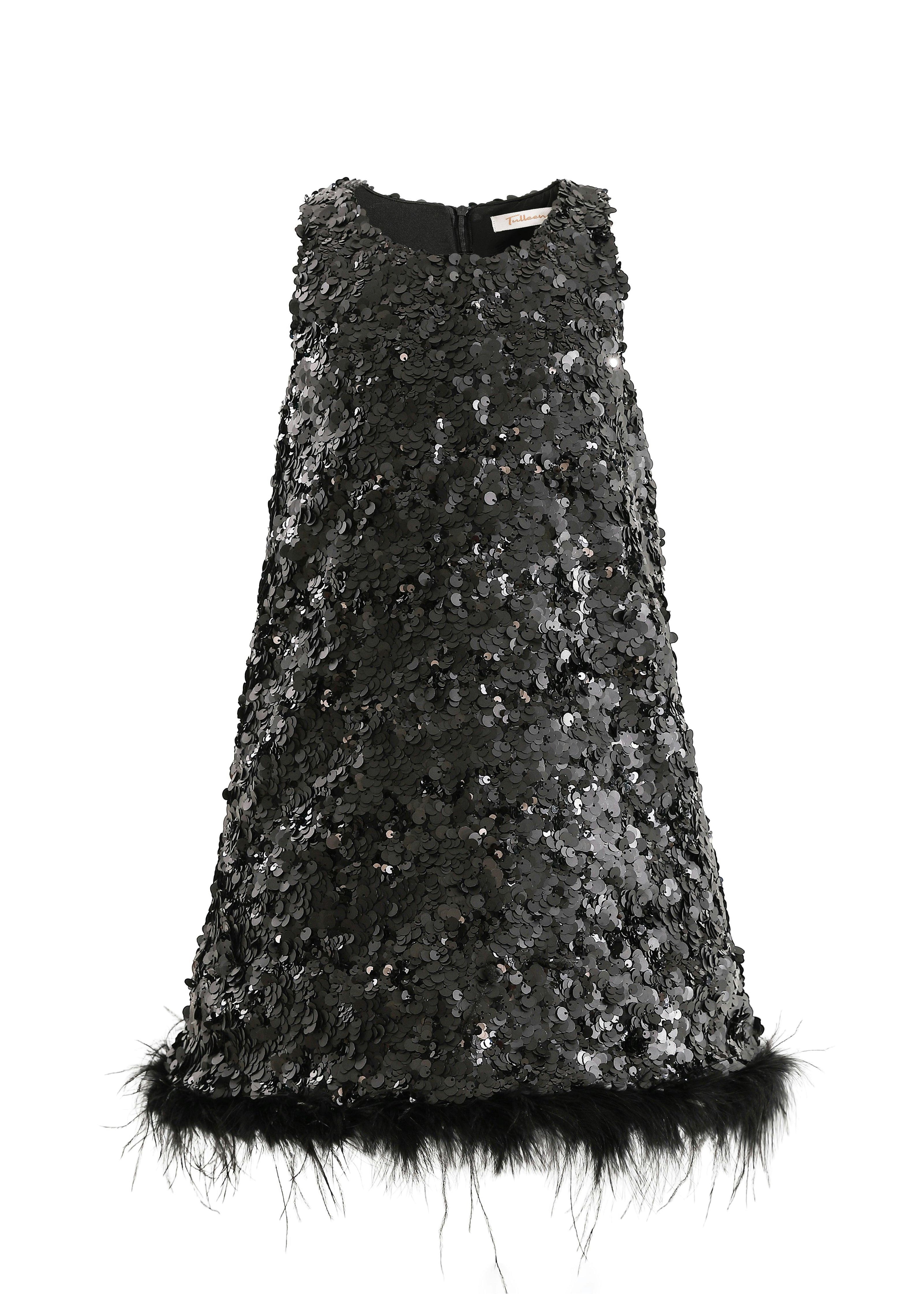 Black Sequin Feather-Hem Dress