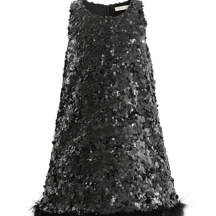 Black Sequin Feather-Hem Dress