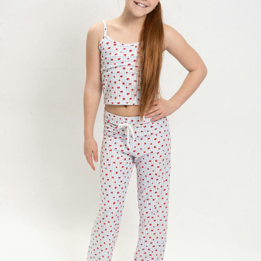 Girls Strawberry Print Short Sleeve Top and Pants Set