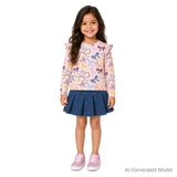 Girls Bow Print Top & Pleated Denim Skirt Set | Multi Bows - Pink