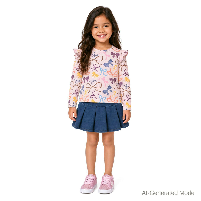 Girls Bow Print Top & Pleated Denim Skirt Set | Multi Bows - Pink