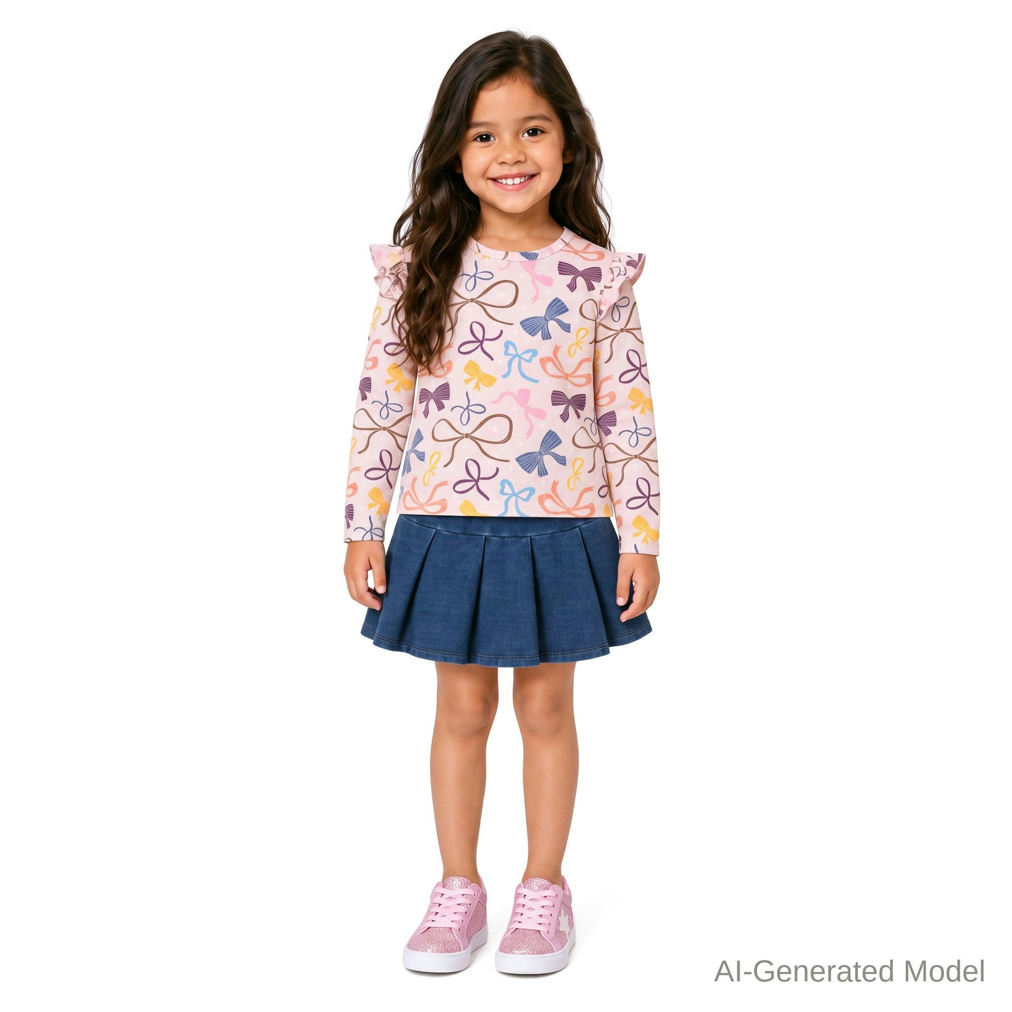 Girls Bow Print Top & Pleated Denim Skirt Set | Multi Bows - Pink