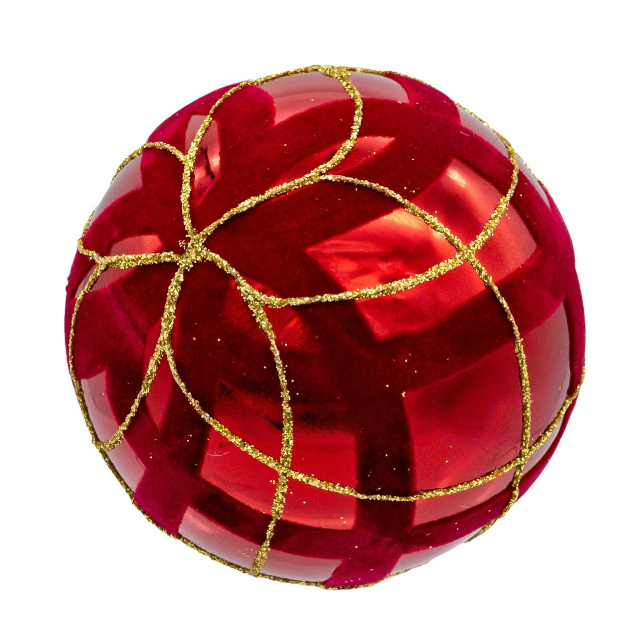 Kurt Adler 80MM Glass Flocked Red With Gold Glittered Design Ball Ornaments, 6-Piece Set