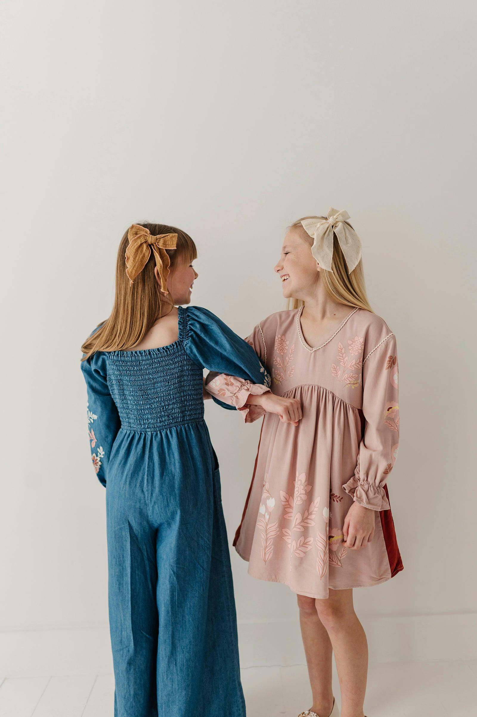 Girls Smocked Embroidery Jumpsuit in Chambray Embroidery