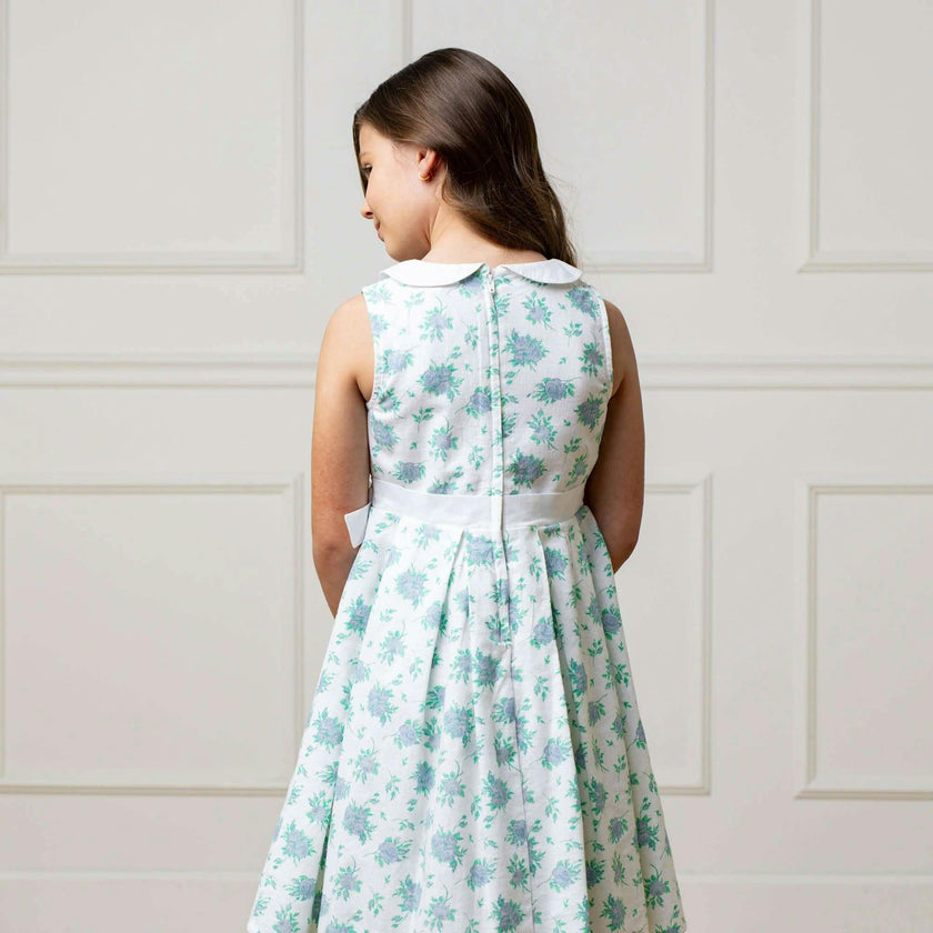 Linen Sleeveless Peter Pan Collar Tea Dress with Waist Sash, Blue