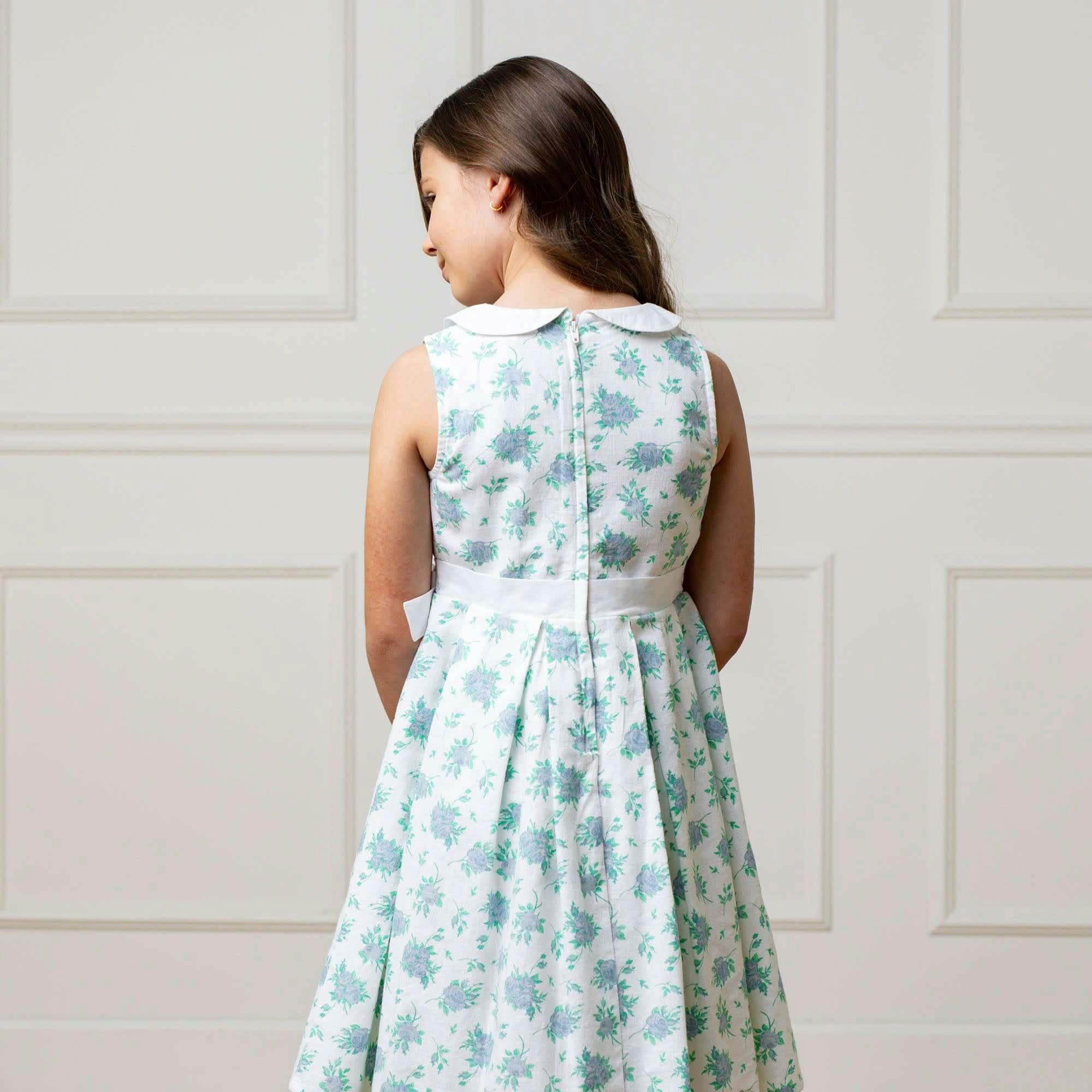 Linen Sleeveless Peter Pan Collar Tea Dress with Waist Sash, Blue