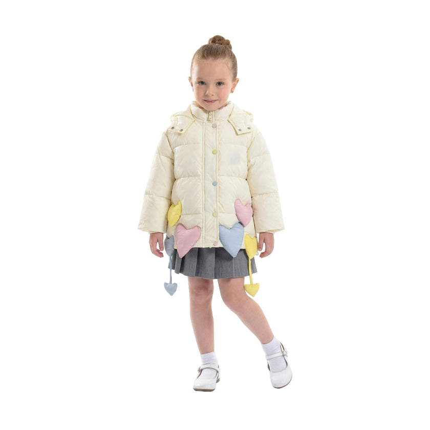 Cream Heart Charm Puffer Jacket