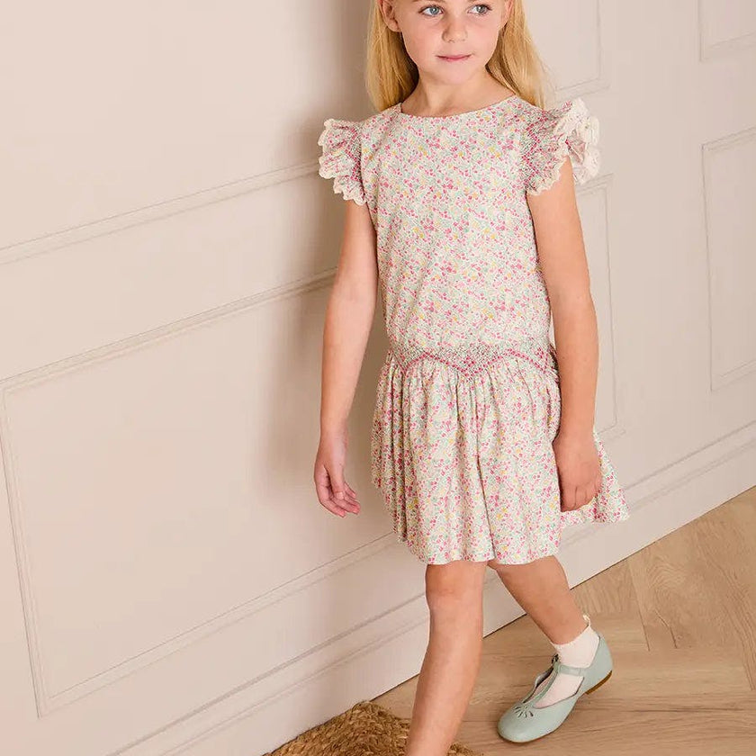 Adelaide Floral Smocked Cap Sleeve Drop Waist Dress in Pink (4-12yrs)