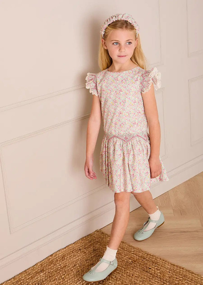 Adelaide Floral Smocked Cap Sleeve Drop Waist Dress in Pink (4-12yrs)