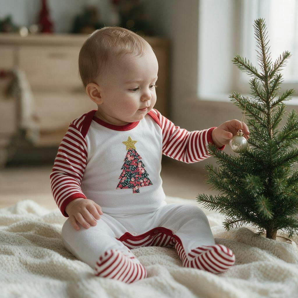 Liberty of London Christmas tree design baby striped rompersuit