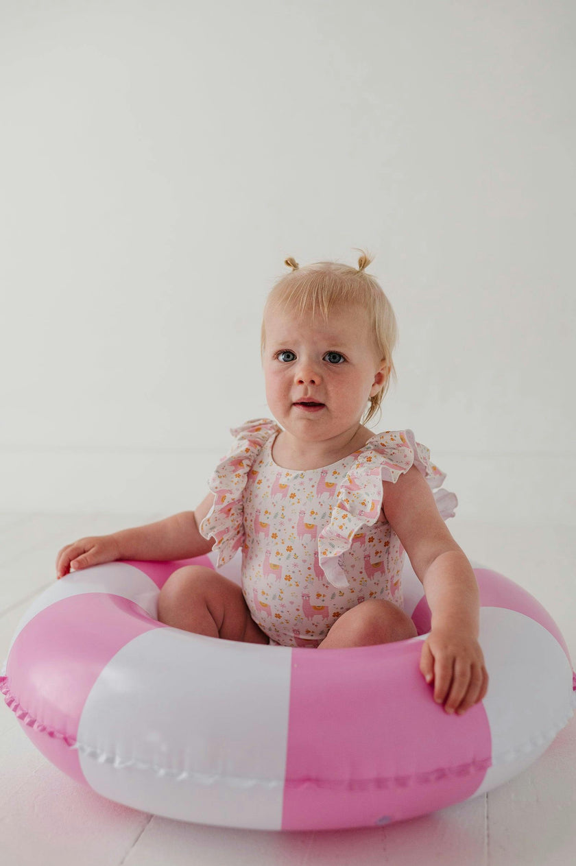 Baby Girl Ruffle Sleeve Cross Back Swimsuit in Llamas