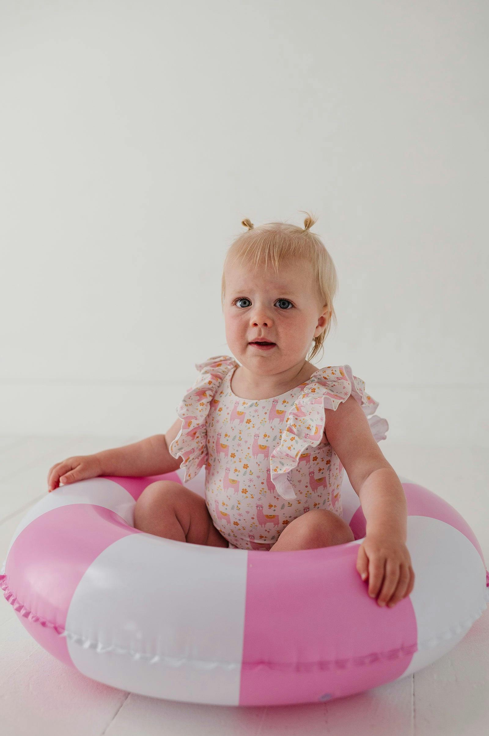 Baby Girl Ruffle Sleeve Cross Back Swimsuit in Llamas