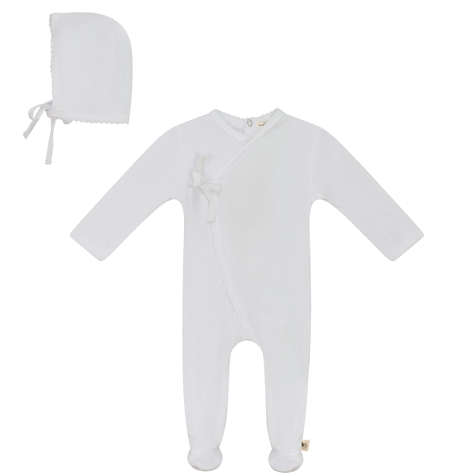 Crinkled Jersey Wrap Snap Front Romper and Bonnet Two Piece Set